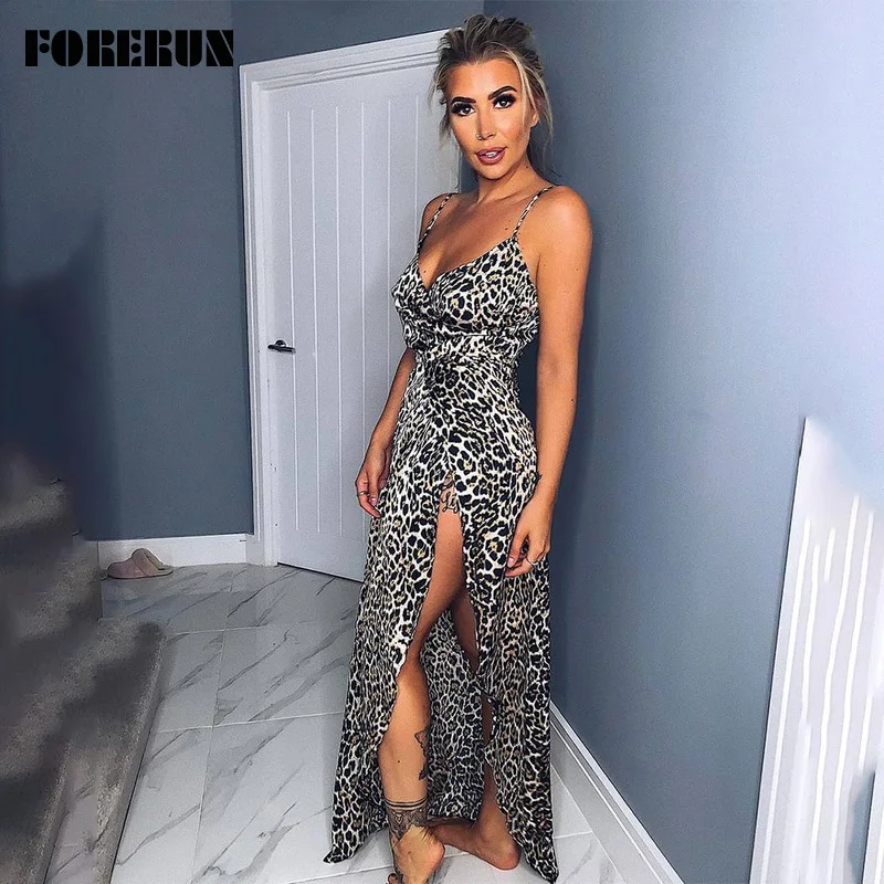 

FORERUN Women Leopard Dress Sleeveless Spaghetti Starp Long Summer Dresses Sexy Asymmetric Side Split Party Vestidos Robe Femme