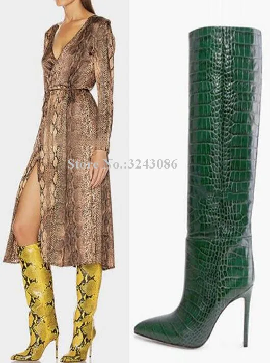 leather inside INS/Популярные высокие сапоги на шпильках с крокодиловым принтом; женские пикантные сапоги до колена из змеиной кожи с острым носком; женские сапоги В рыцарском стиле - Цвет: leather inside