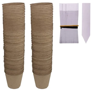 

100 Packs of Round Biodegradable Plant Seedling Seedling Nursery Kits with 100 Pcs White Plastic Plant Labels