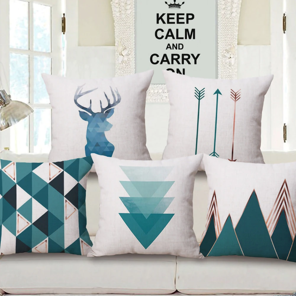 Nordic Geometric Animal Cushion Cover Blue Green Literary Simplicity Throw Pillow Cover Pillowcase Square 45X45