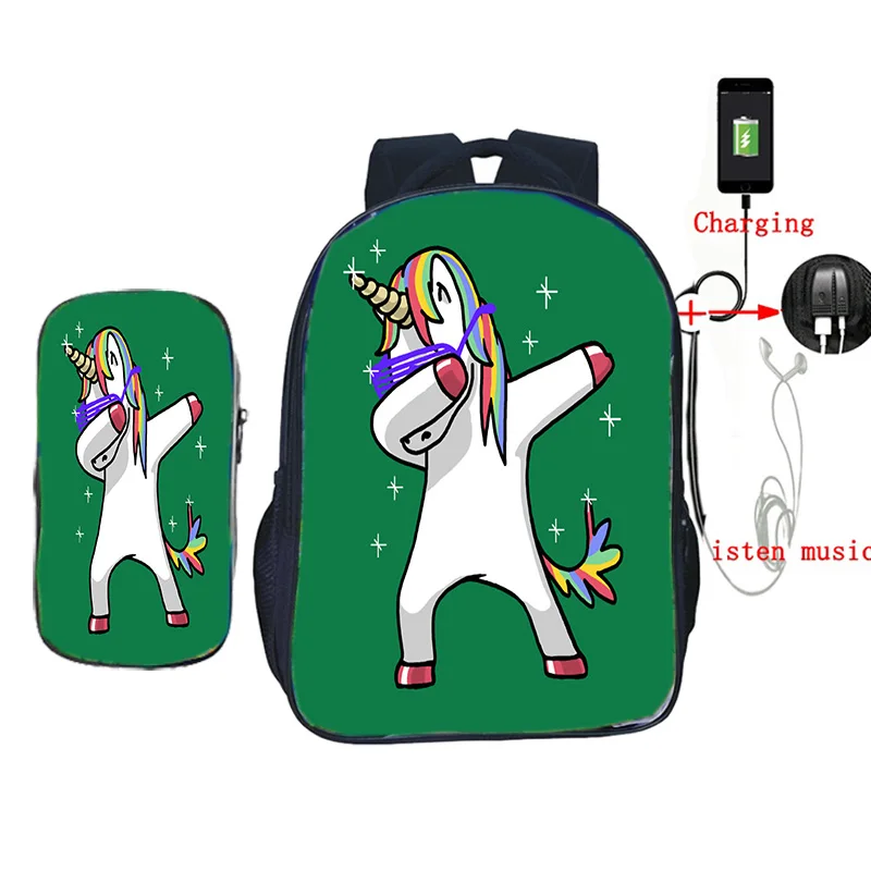 2 шт./компл. Kawaii Единорог школьная сумка USB зарядка мочилы для подростков мальчиков девочек ежедневный рюкзак дорожные сумки - Цвет: 21