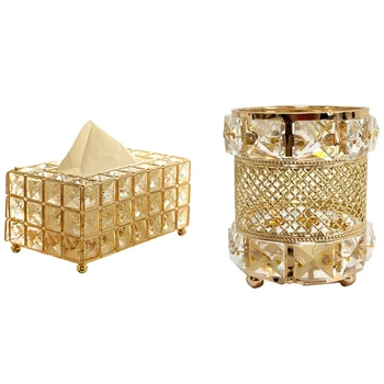 

Metal Crystal Tissue Box Removable Tissue Napkin Holder & Metal Crystal Beauty Tools Storage Makeup Brush Pen Holder