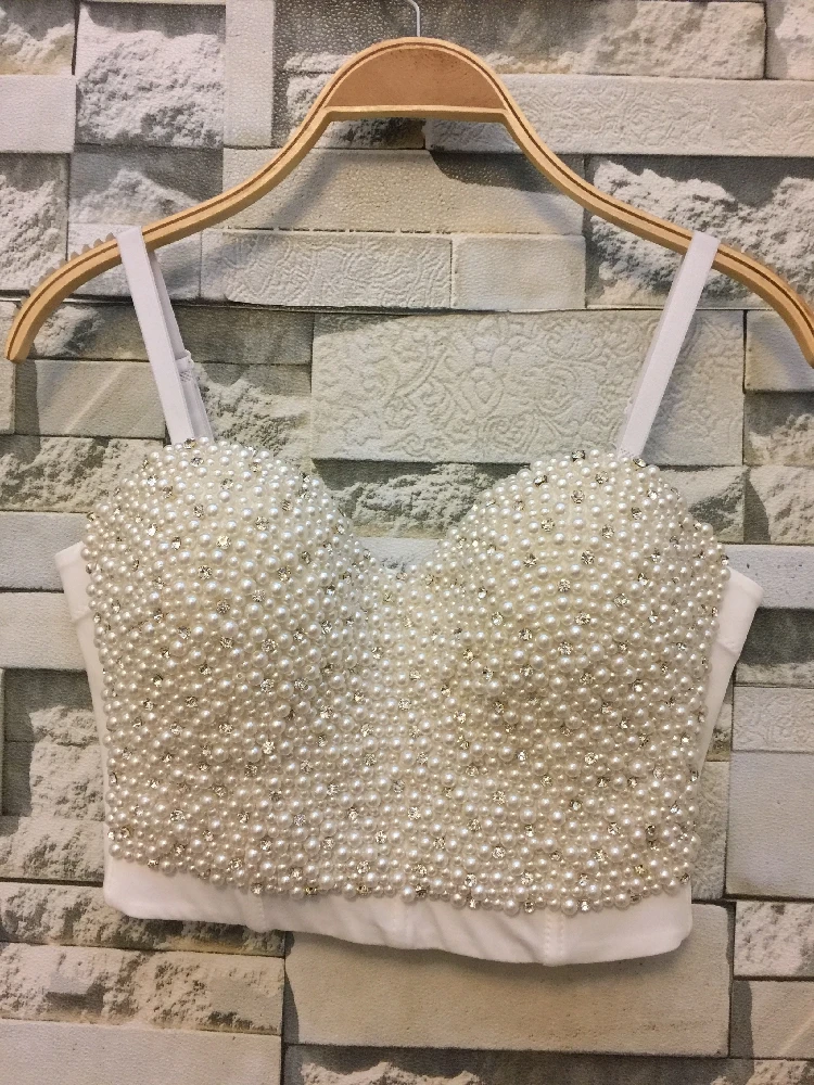 

Handmade Women Crystal Dance performance Rhinestone Push Up Tank Top Wedding Embroidered Pearl Bustier Bra Cropped Top Vest sexy