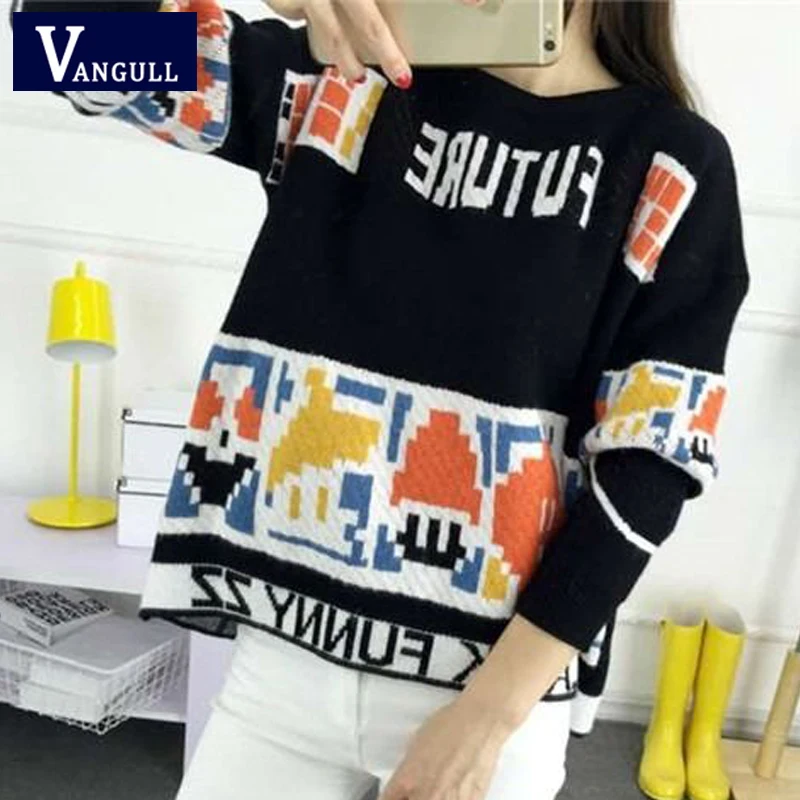 Vangull Letter Print Sweater Preppy Style Knitted Pullovers 2019 Autumn Fashion Long Sleeve O-Neck Women Sweaters and Pullovers