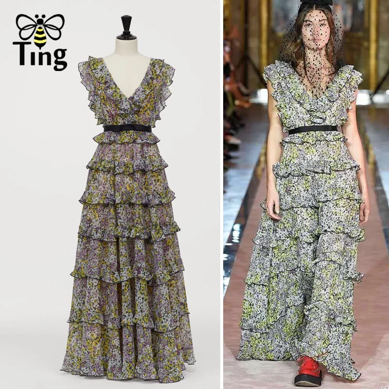 Дизайнерское длинное вечернее платье макси Tingfly многослойное без рукавов с