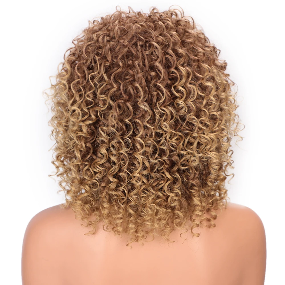 Штампованный славный 14 дюймов афро кудрявый парик синтетический короткий парик с челкой смешанный коричневый и блонд парик для черных женщин