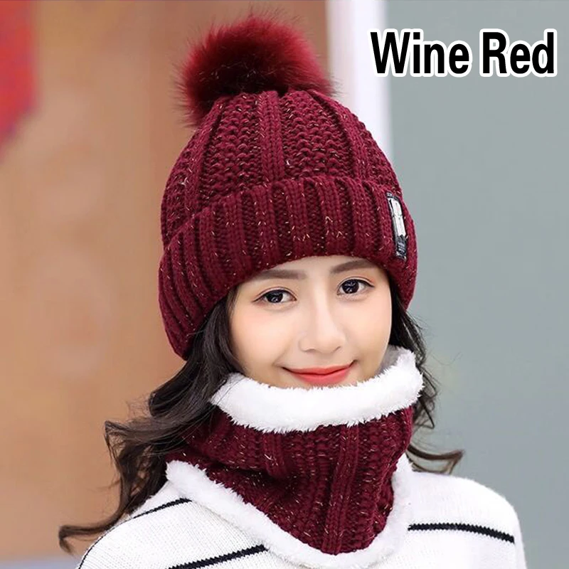 Wine red 2 шт., зимние шапочки, шапки с шейным платком для женщин, вязаные толстые шерстяные теплые шапочки для девушек, уличные шапочки для верховой езды, шапочки с помпоном, шейный платок - Цвет: Wine red