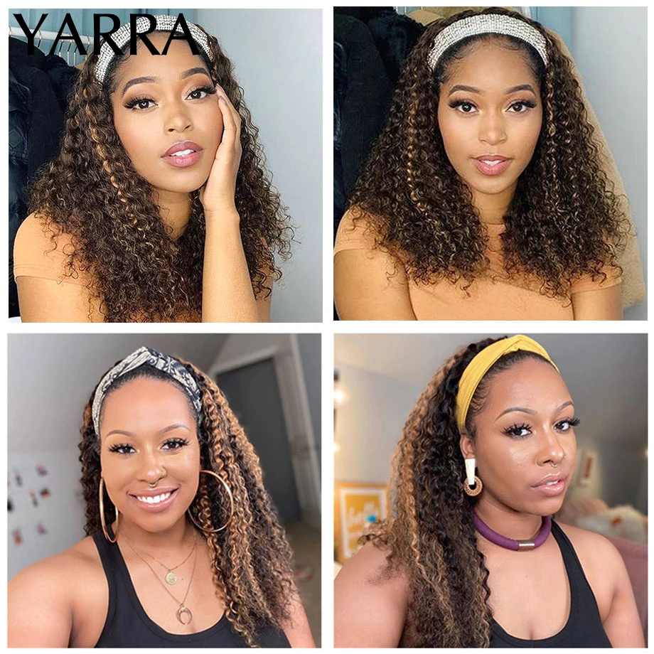 Brazilian Kinky Curly Headband Wig Human Hair Highlights 4/27 Brown Headband Human Hair Wigs Glueless Remy Brazilian Hair Yarra