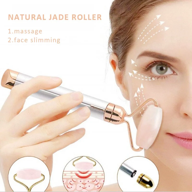 

Jade Roller Facial Massager Electric Massage Roller Natural Pink Jade Slimming Thin Chin Facial Skin Care Tools Face-Lifting