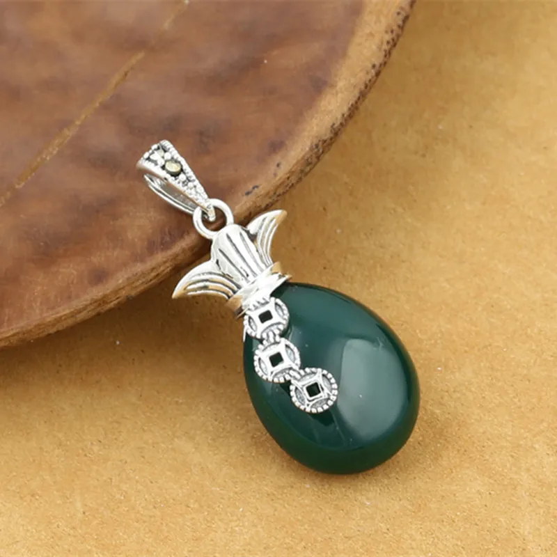 

925 Sterling Silver Jewelry Retro Thai Silver Men And Women Money Bag Marcsey Inlaid Green Agate Pendant