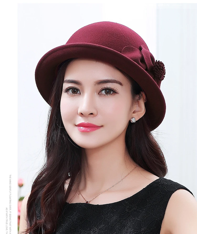 FS Elegant Formal Women Wool Felt Cap Warm Winter Fedora Hats Floral Cloche Bowler Caps Ladies Party Derby Wedding Church Hat