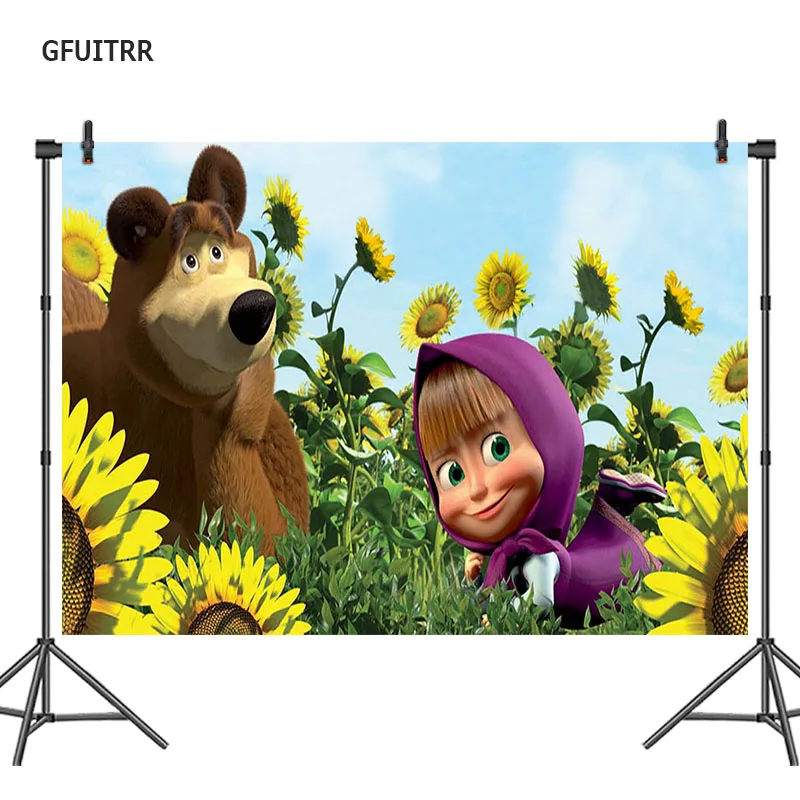 

GFUITRR Cartoon Mash and Bear Photography Backdrop Newborn Birthday Photo Background Sunflowers Vinyl Photo Booth Props