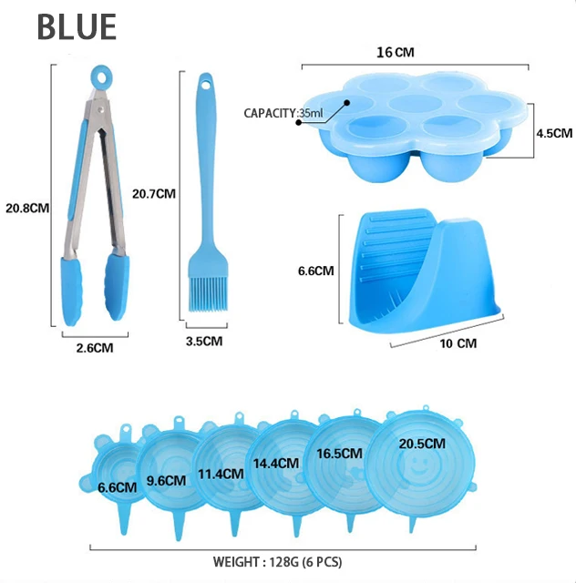 GJCJ004-blue 5 шт. набор 7 полости пищевого силикона для приготовления яичного пирога, форма для укуса, безопасная детская многоразовая морозильная камера, лоток для масла, щетка, кухонные принадлежности - Цвет: GJCJ004-blue