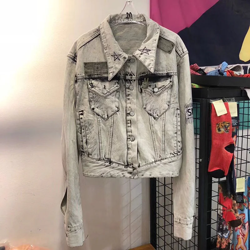 

Graffiti Design Vintage Cropped Denim Jacket Women Coat Boyfriend Outerwear 2020 Spring Autumn Double Pockets jeans jacket women