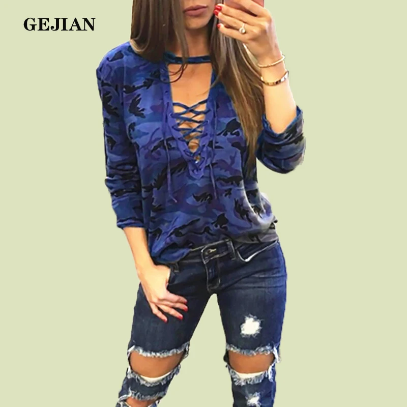 GEJIAN Women's Camouflage T-Shirt Clothes Camouflage Backless Sexy Bandage Long-Sleeved T-Shirt Women's Latest Casual T-Shirt