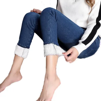 

Winter Plus Size 2XL Thick Jeans Pants Women's Large Size High Waist Elastic Pencil Pants Lamb -20℃ Warm Pants Women
