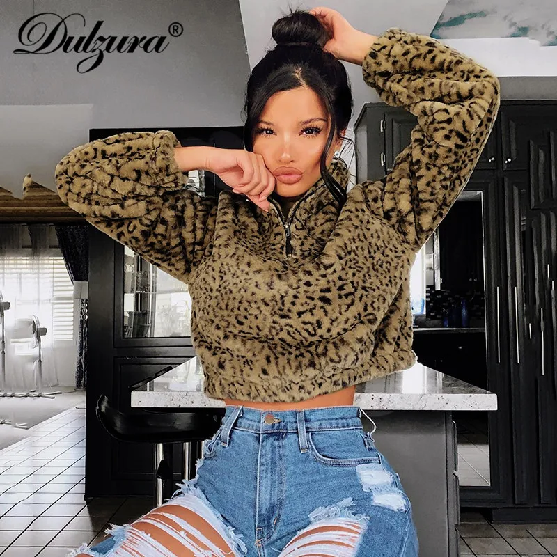 Tanie Dulzura leopard lambswool teddy sweter damski bluza crop top z suwakiem casualowe w stylu streetwear 2019 jesienne zimowe ubrania grube
