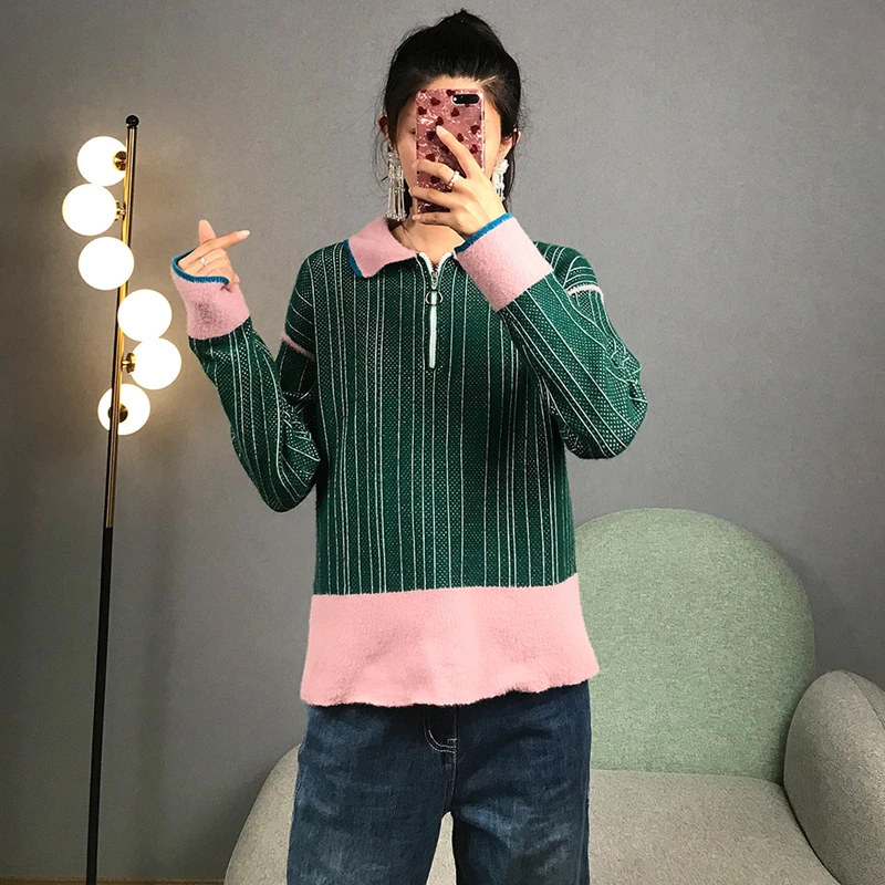 

Women Sweater Zippers Elegant Striped Jumper Turn-Town Collar Jersey Runway Long Sleeve Pullovers Knitted Top Office Lady