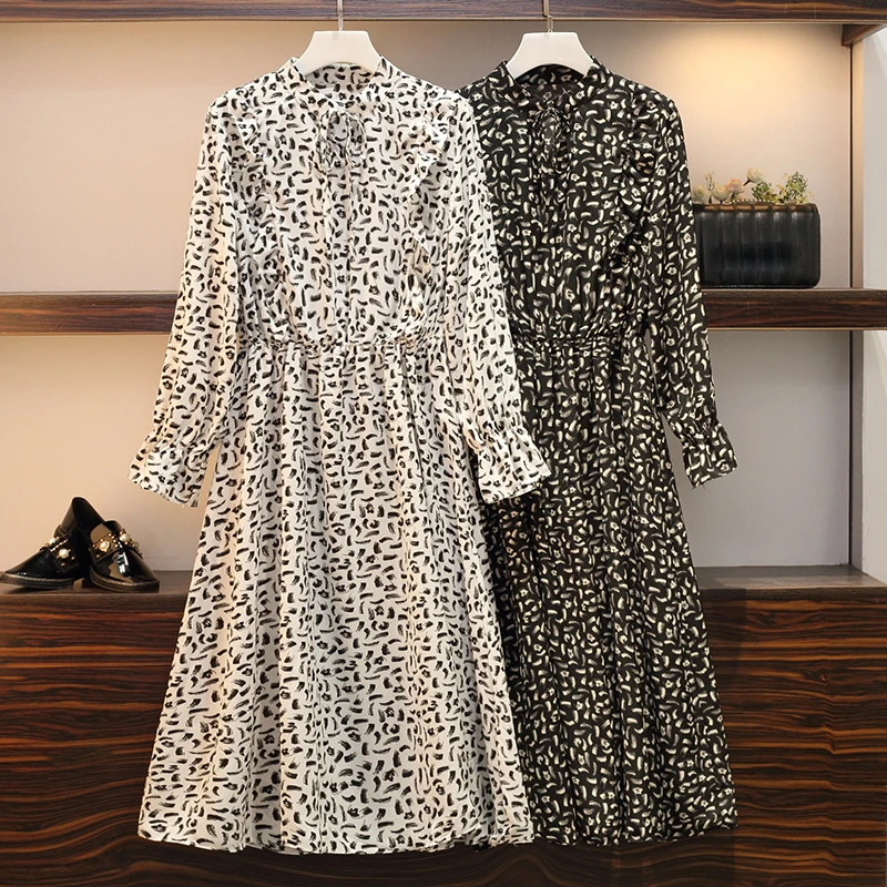 

Spring Autumn Large Size Lady Dress Korean Women Long Sleeve Floral Print Long Chiffon Dresses Plus Size XL-5XL