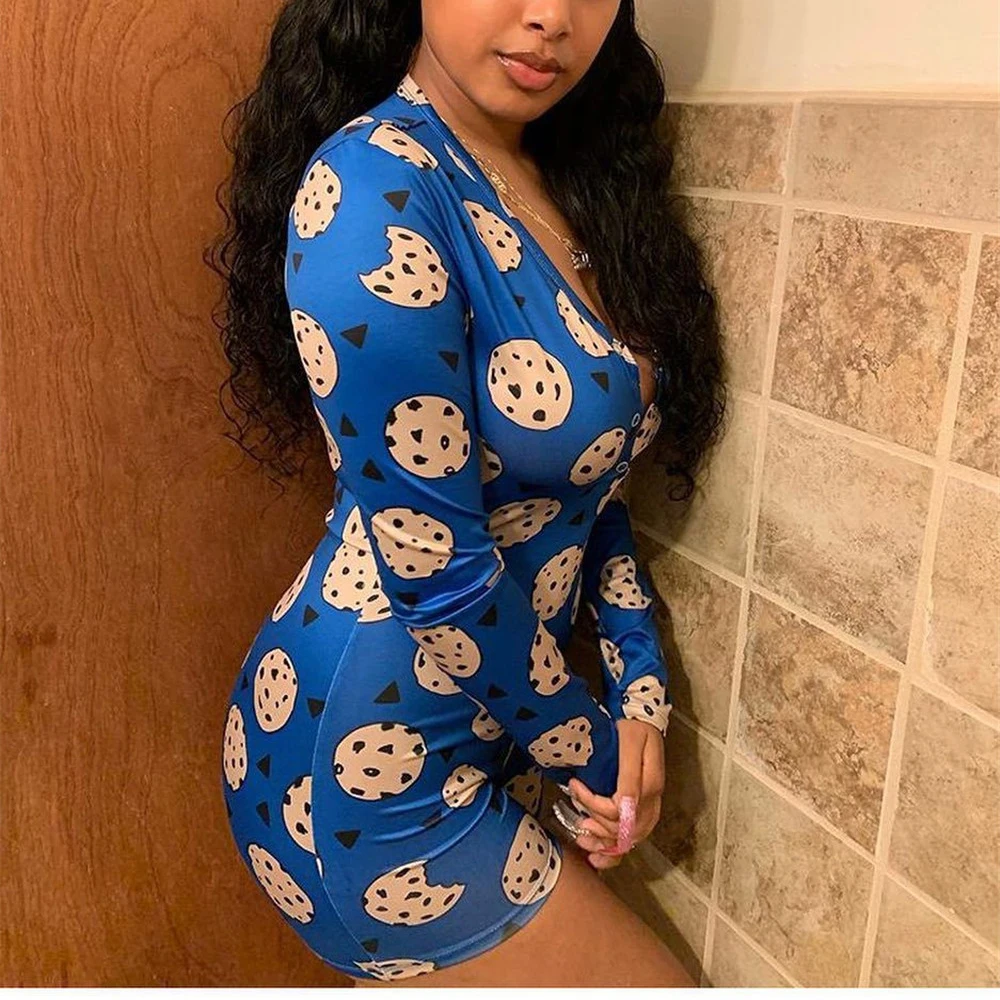 Cartoon Cookies Printed Women Sexy Oneies Bodycon Jumpsuit Romper Long Sleeve HomeWear Tracksuit Playsuit Pajama Onesies