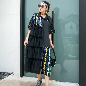 

Tide brand fashion short-sleeved shirt female summer sequined mesh splicing lotus leaf large size loose fat mm mid-length shirt