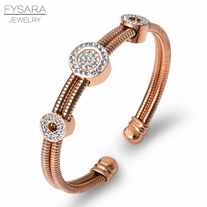 FYSARA, золото, серебро, нержавеющая сталь, кабель, провод, манжеты, браслеты, круглый кристалл, очаровательные браслеты и браслеты для женщин, Винтажный дизайн - Окраска металла: Rose Gold Color