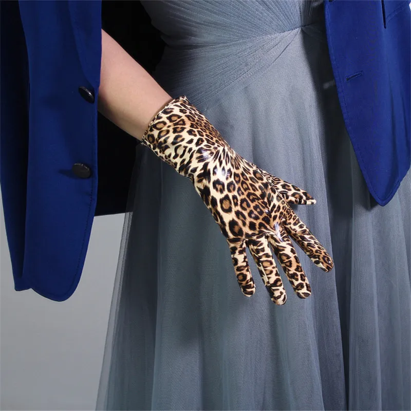 

Leopard Leather Gloves 28cm Patent Leather Short Section Emulation Leather PU Bright Brown Leopard Animal Pattern Female PU26