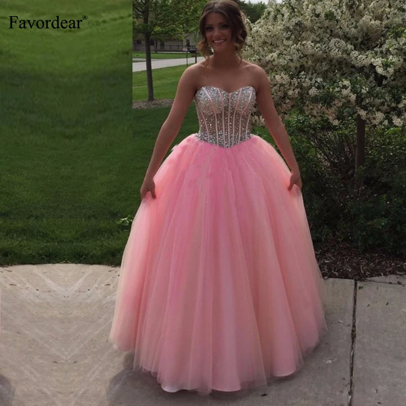 Favordear Quinceanera 15 лет Vestidos De 15 Anos; сезон лето милые, кристалльные, бисером Розовый Бирюзовый бальные Платья вечерние сексуальное платье