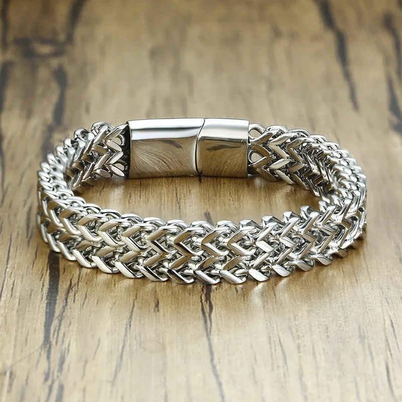 Men Bali Tulang Naga Silver Colorly Double Rows Foxtail Franco Wheat Chain Bracelet in Stainless Steel 12mm Wide Heavy Wristband | Украшения