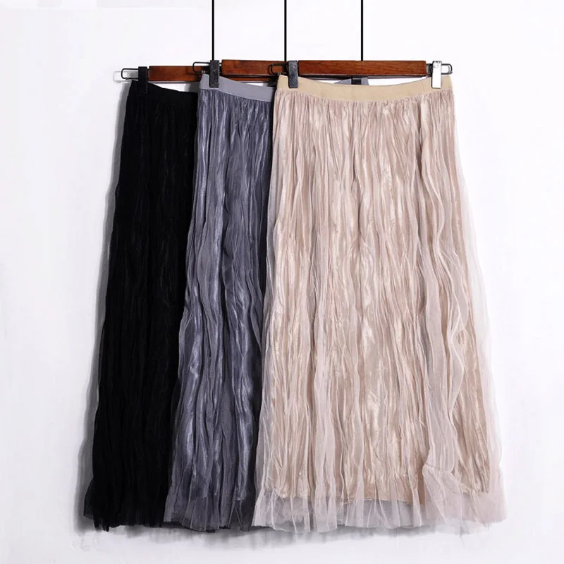 

Women Patchwork Mesh Gold Velvet Skirts Two Layered 2020 Autumn Winter Female Maxi Pleated Skirt Wear Lace Skirt