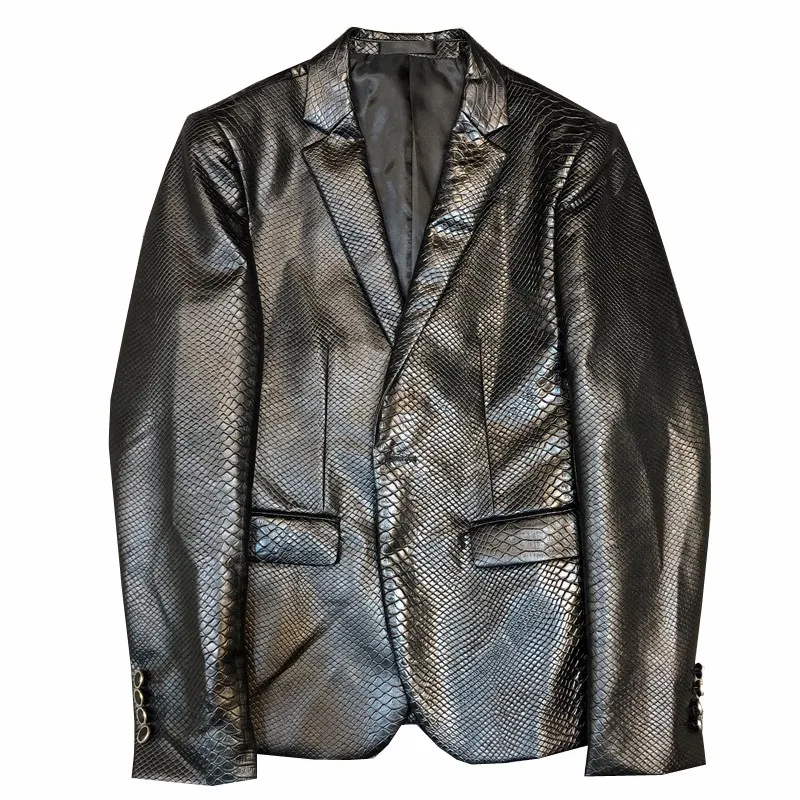 Winter Fleece Pu Leather Jacket Men Autumn Slim Fit Snake Pattern Elegant Business Work Blazer Mens Smart Casual Suit Jackets