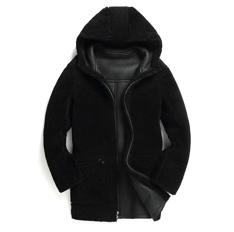 High Quality Fur one Men's Leather Jacket Hooded Genuine Leather Coat Men Winter Long Black Sheepskin Jackets