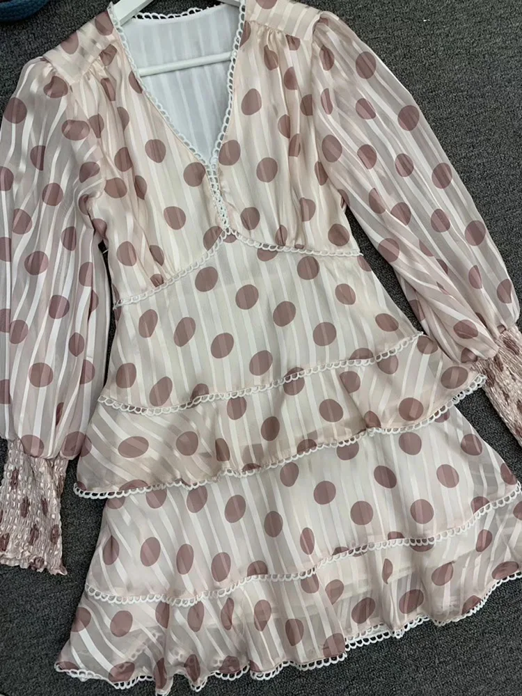 Svoryxiu Fashion Polka Dot Print V Neck Mini Dress Women's Lantern Long Sleeve Tiered Ruffle Autumn Runway Dresses