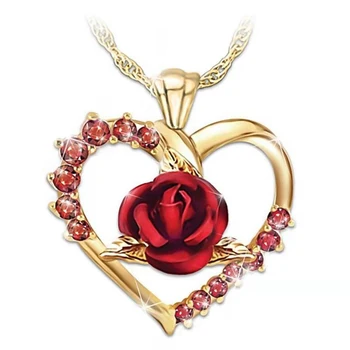 

6pcs Love Heart Red Rose Pendant Necklace Women Girl Lady Gold Color Necklace Choker Fashion Jewelry For Valentine's Day Gift