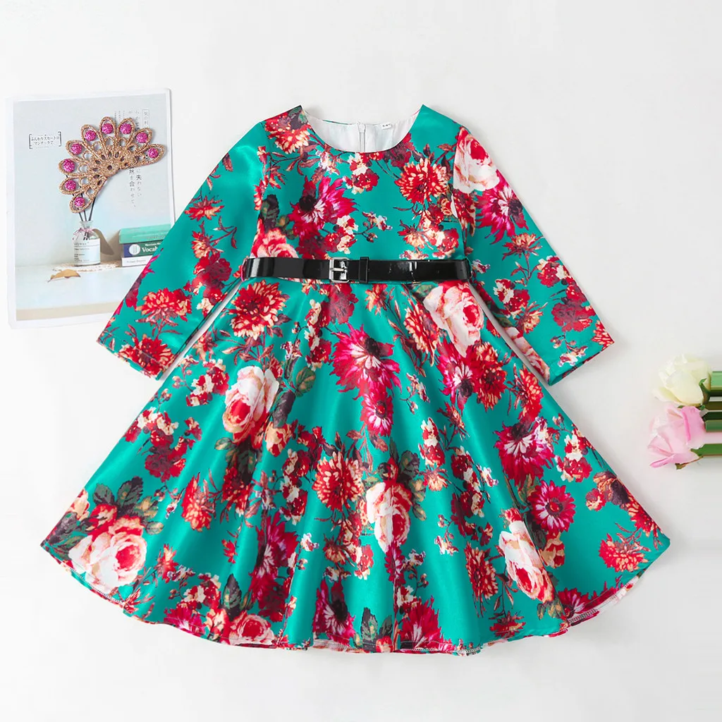 Vestidos Sukienki/Модные Детские вечерние платья с круглым вырезом; платье принцессы с длинными рукавами и цветочным принтом для маленьких девочек; vestidos