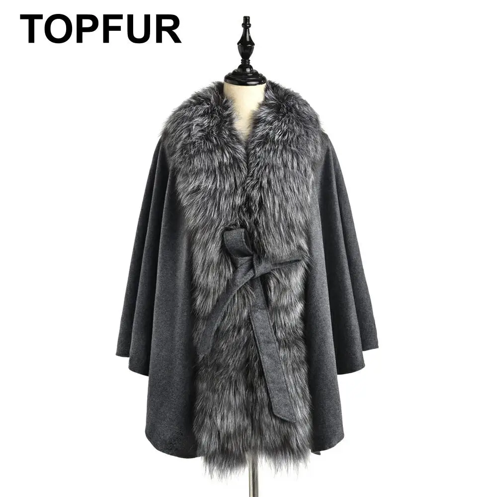 TOPFUR New Fashion Winter Female Cape Real Fur Cape For Women Real Fox Fur Cape Outerwear Bat Sleeved V-Neck Grey Loose