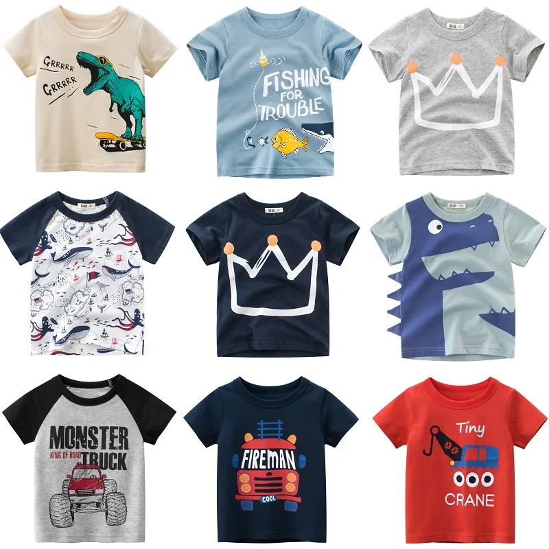 2-9 Years Boys T Shirt Cartoon Animals Baby Kids Children Cotton Short Sleeves Summer Clothing Car Dinosaur Shark Printing KF919 | Мать и