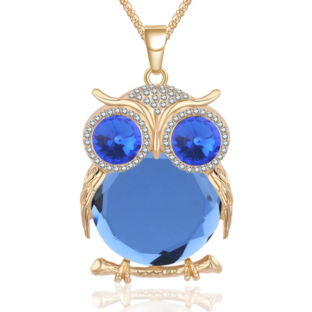 Women 12 Colors Glass Crystal Rhinestone Drop Silver Color Chain Owl Necklace Pendant Women Jewelry Statement Bijouterie Gifts - Окраска металла: 1