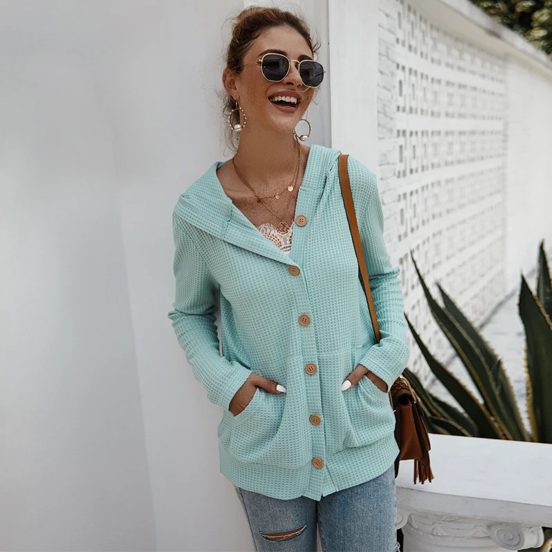 

Missufe Autumn Winter Cardigan Sweaters With Hat Women Button Solid Pocket Tops Shirts Female 2019 Casual Warm Knitted Sweater