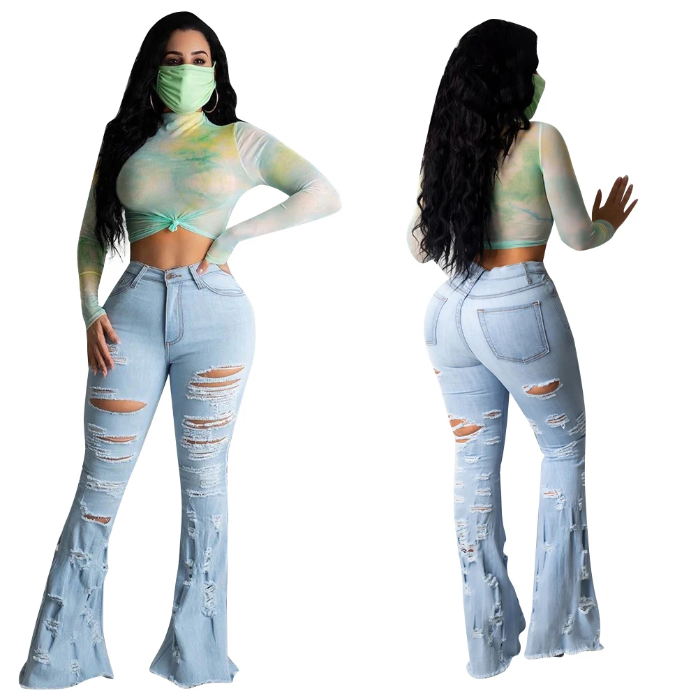 

Women 2020 Fashion Ripped Flared Jeans Female Casual Mid-waist Hole Denim Pants Ladies Sexy Light Blue Denim Trousers D30