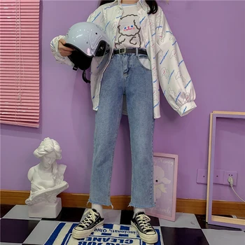 

Spring Women's Loose Casual pants Straight Jeans Young Girl Harajuku Student Vintag Sweet High Waist Nine pants College style