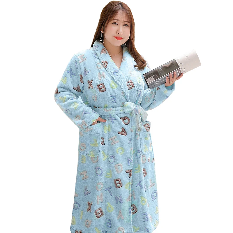 Plus size XL-4XL Flannel Pajamas Women Thicken Bathrobe Female Printed Belt Long sleeve Night gown Long Jacket Women G658