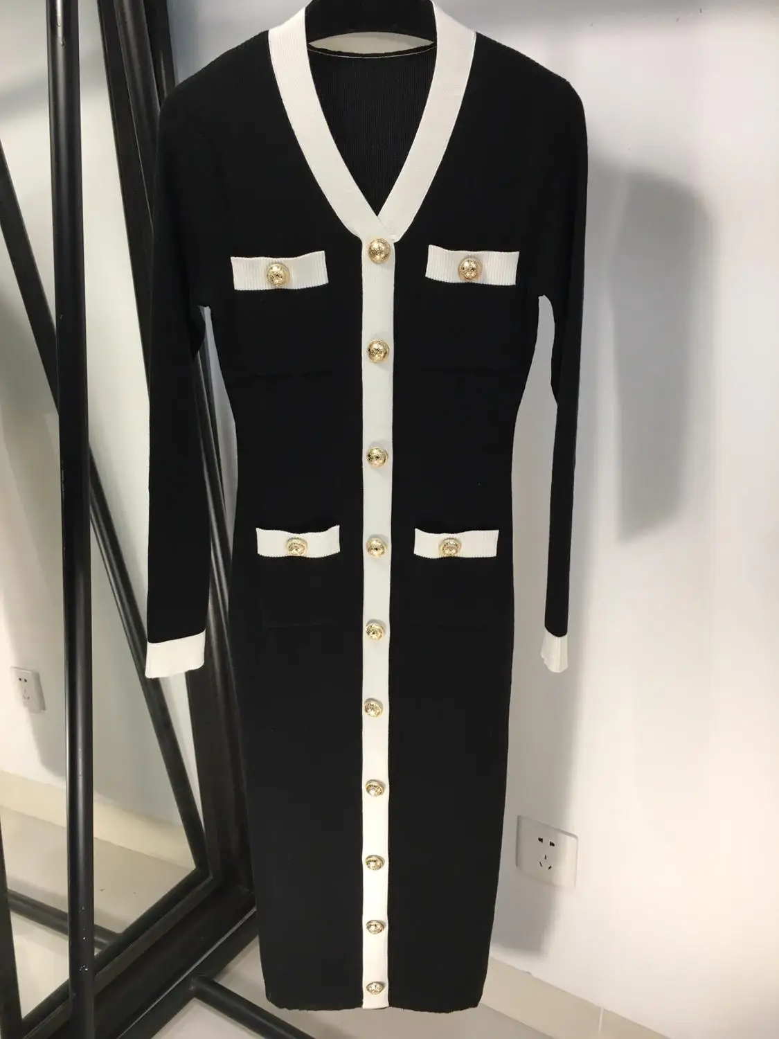 11,19 модное элегантное шерстяное вязаное платье контрастного цвета с v-образным вырезом, облегающее длинное платье на осень и зиму