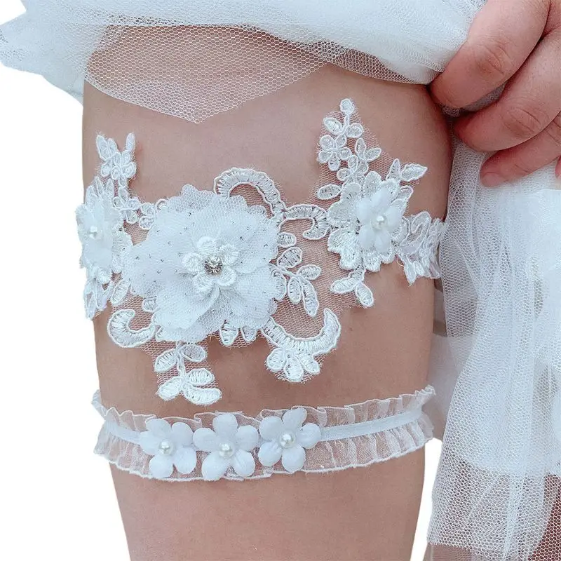 2Pcs/Set Womens Bridal Stretch Wedding Thigh Rings Embroidery Flower Faux Pearl Rhinestone Jewelry Prom Party Leg Garter Belt