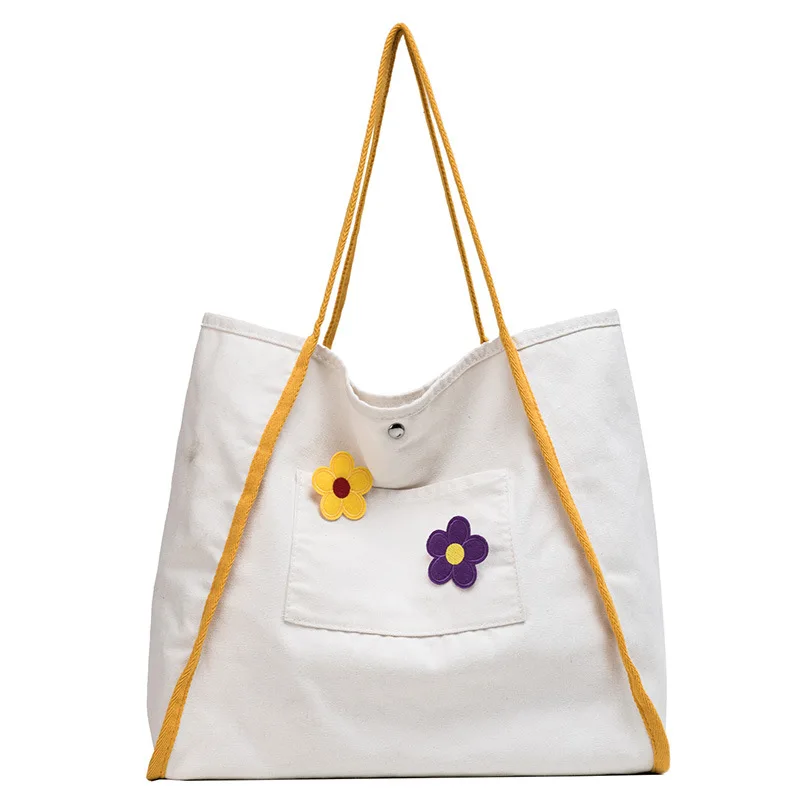 

Ougger Big Women Large Capacity Shoulder Handbags Summer White Canvas Popular Fresh Style Tote Bag with Appliques for Shopping
