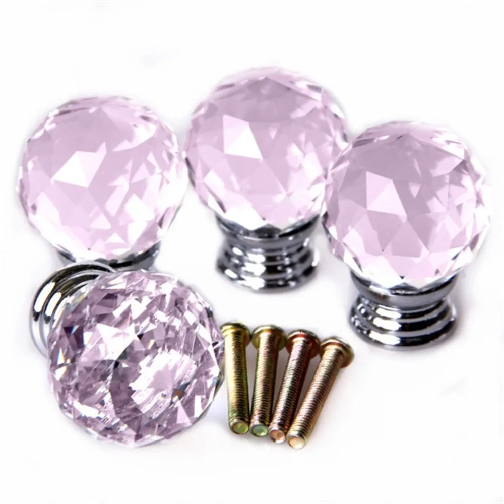 4x pink Crystal Glass Acryl Door Drawer Cabinet Furniture Handles Knobs+screws High Quality