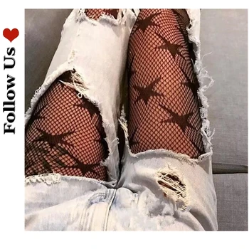 

Women Sexy Lingerie Stripe Star Pattern Embroidery Fishnet Stockings Hollow Out Female Thigh High Stockings Mesh Pantyhose