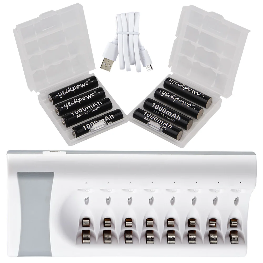 8 слотов USB AAA зарядное устройство и аккумуляторы nimh перезаряжаемые батареи Ni-MH 1000