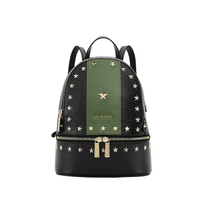 Известный бренд, рюкзаки с заклепками для женщин, Роскошный дизайнерский рюкзак из натуральной кожи, женский рюкзак для путешествий, оригинальная сумка на плечо - Цвет: star black
