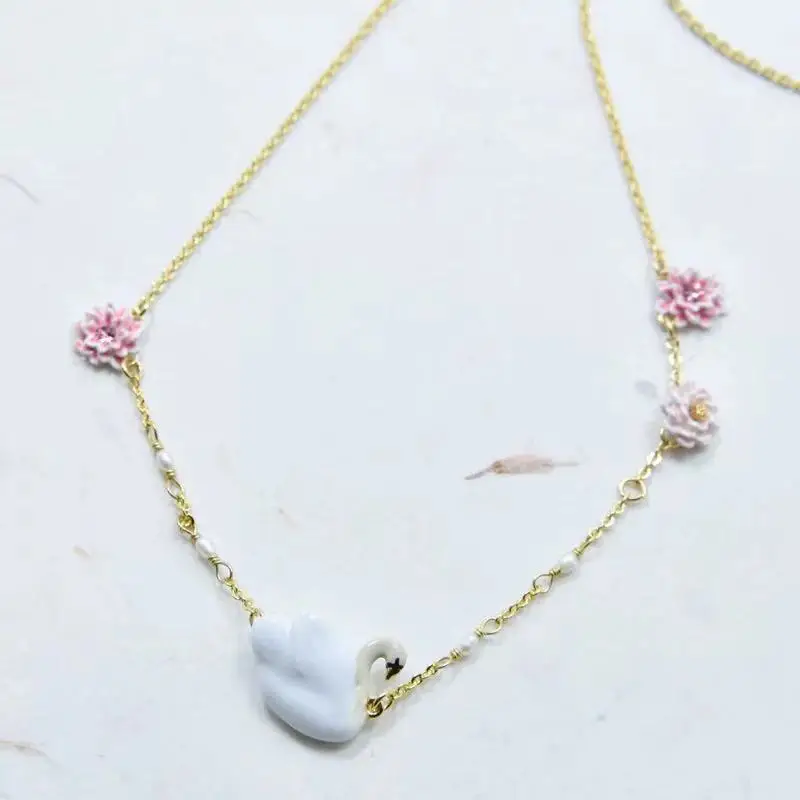necklace Роскошные Дизайнерские эмалированные глазурь Белый лебедь женские серьги-гвоздики ожерелье ювелирные изделия Вечерние - Окраска металла: necklace